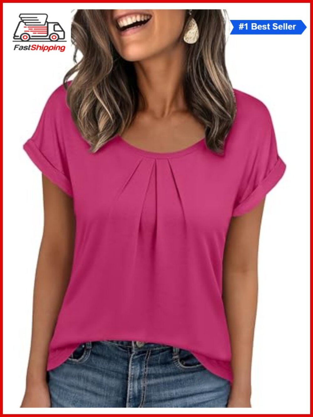 Women's Short Sleeve Pleated Scoop Neck T-Shirt